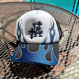 Blue Flame LA Trucker Hat – Embroidered Cross Logo–Streetwear Y2K Vintage Style